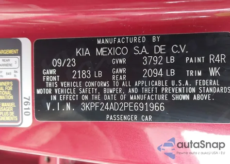 2023 Kia Forte Lxs z USA, uszkodzony, nr VIN 3KPF24AD2PE691966